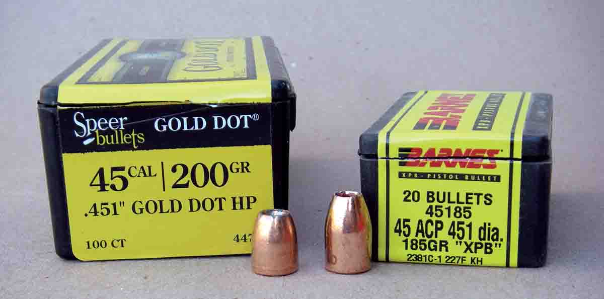 The accompanying .45 ACP load data was developed with specific bullets and should only be used as listed. Note the shorter bullet length of the Speer 200-grain Gold Dot HP (left) when compared to the Barnes 185-grain XPB (right), which seats more deeply in the case and reduces powder capacity.